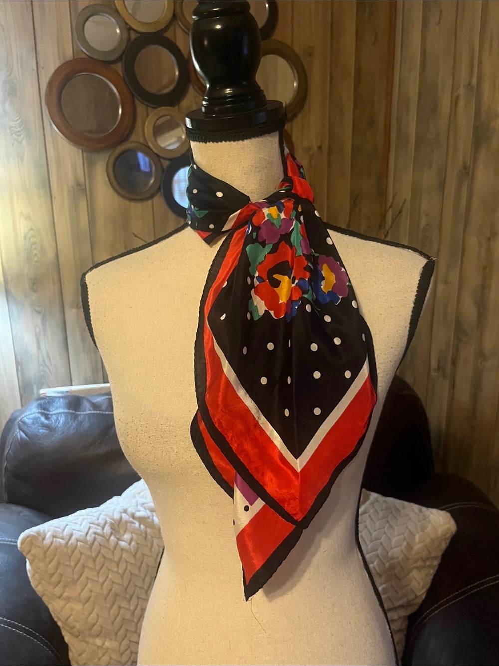 Floral & Polka Dot Silk-Feel Neck Scarf in Black and Red